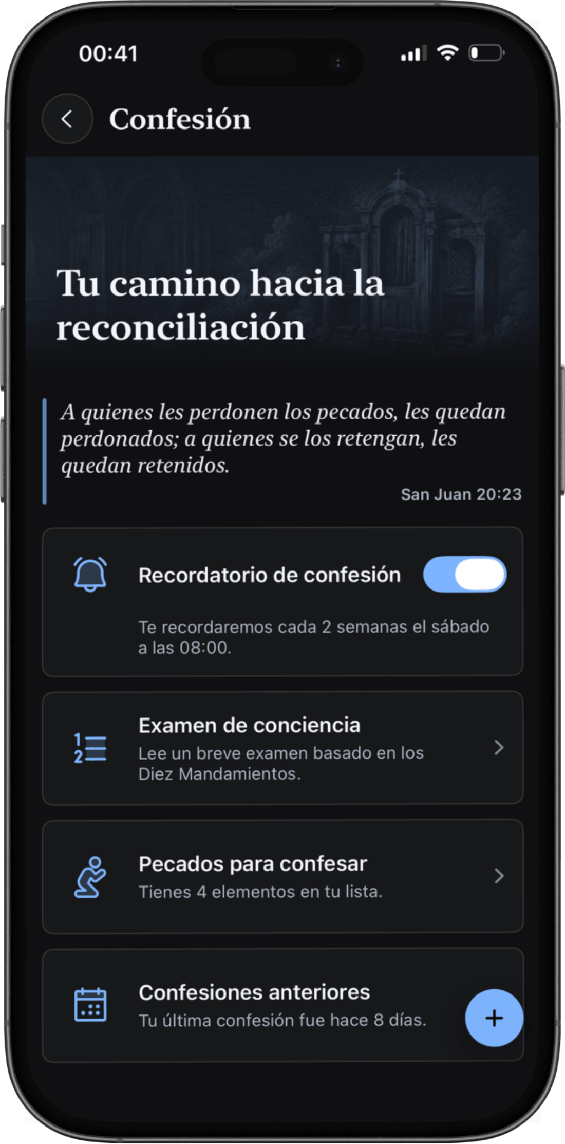 Pantalla de preparación para la confesión en Ambo